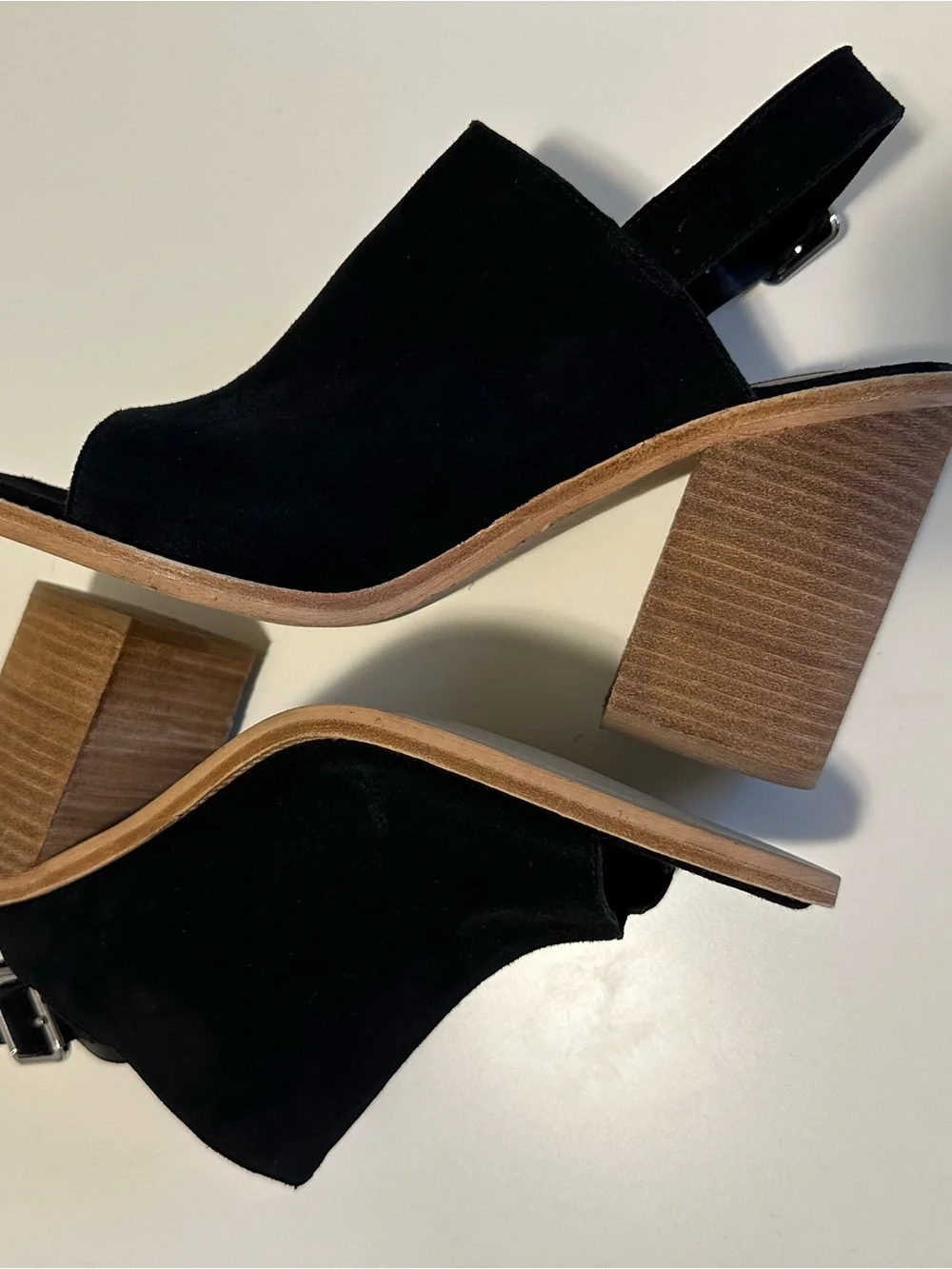 Steven Madden Black Suede Peep Toe Slingback Heels | Wood Block Heels | - Picture 2 of 14
